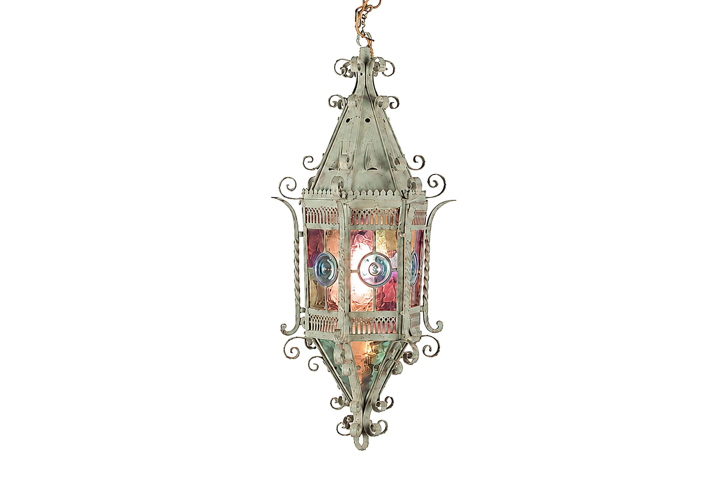FRENCH IRON AND STAINED GLASS LANTERN