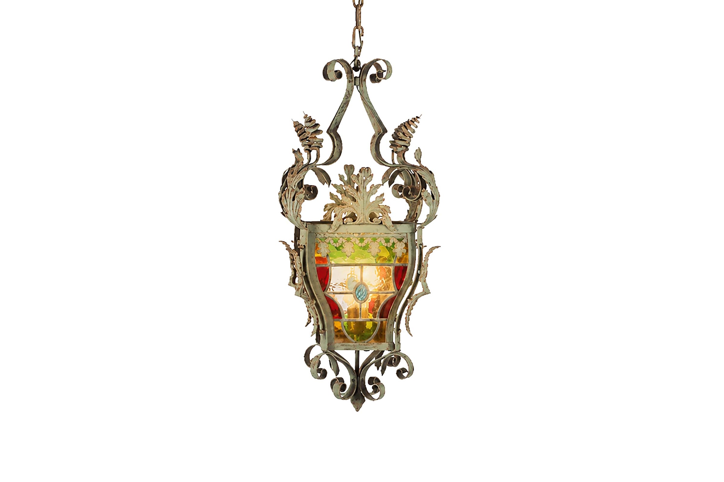 19TH CENTURY FRENCH IRON AND STAINED GLASS LANTERN