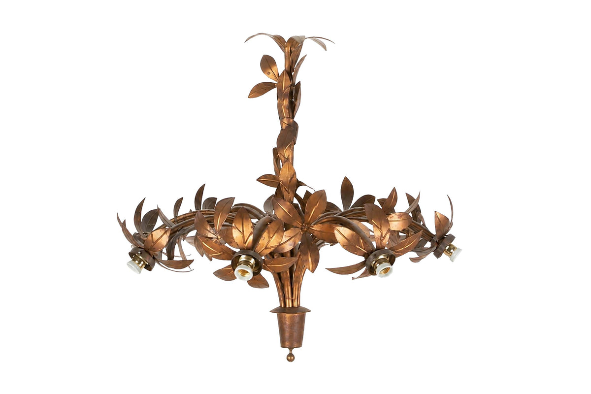 Large mid century gilt metal Spanish hanging light with floral and foliate decoration