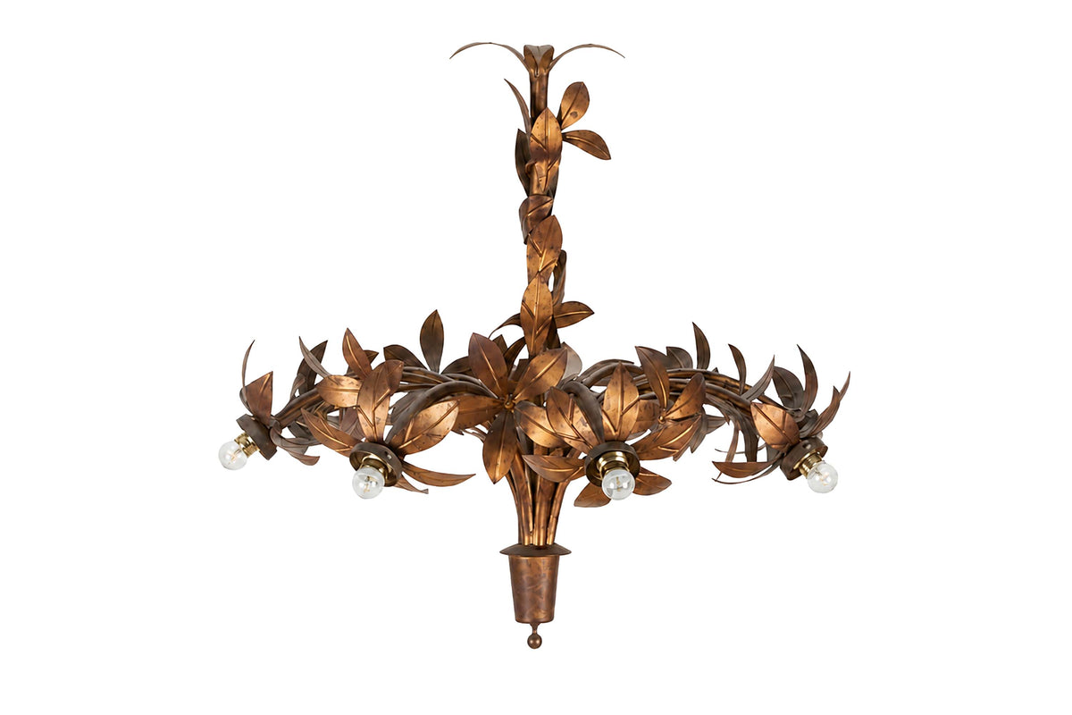 Large mid century gilt metal Spanish hanging light with floral and foliate decoration