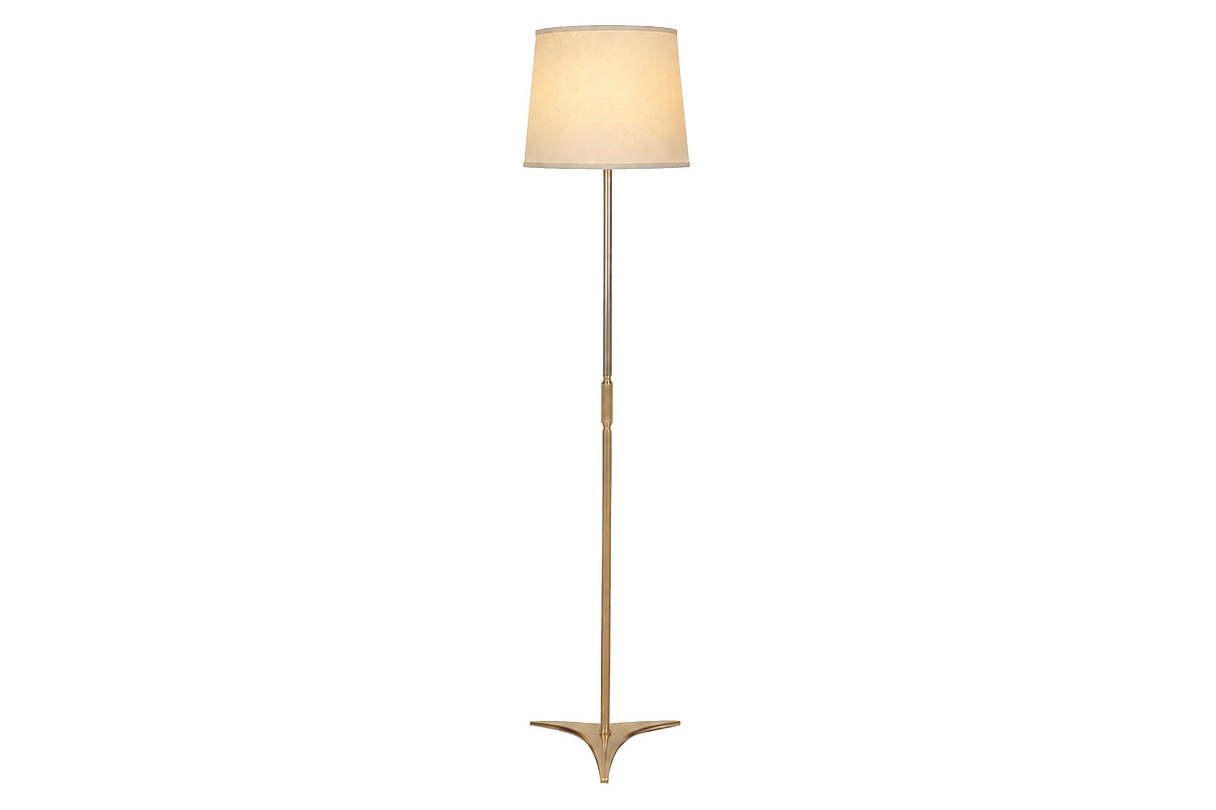 Mid century floor lamp French polished gun metal and brass with central reeded brass band and stem. Mid Century Lighting