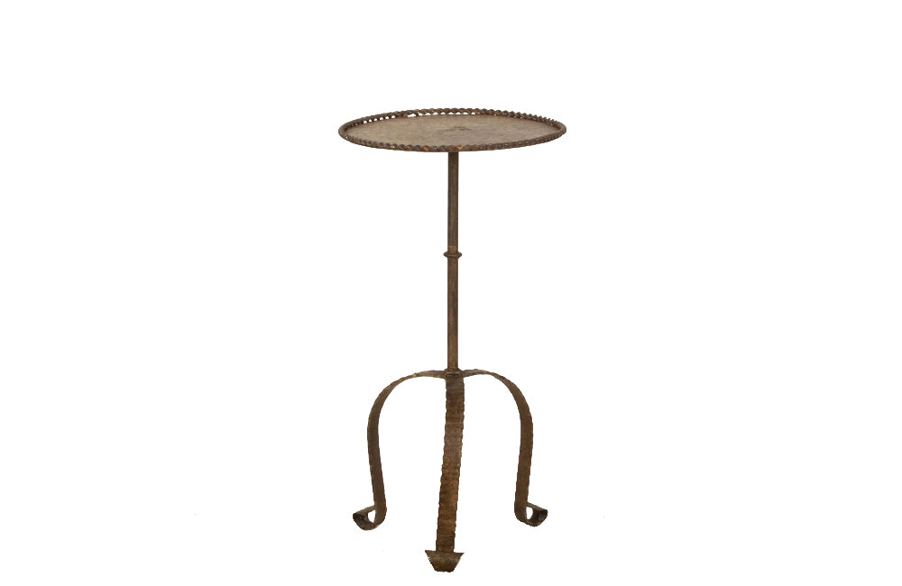 Chic little Mid-Century Spanish iron cocktail or martini table with rope rim to top
