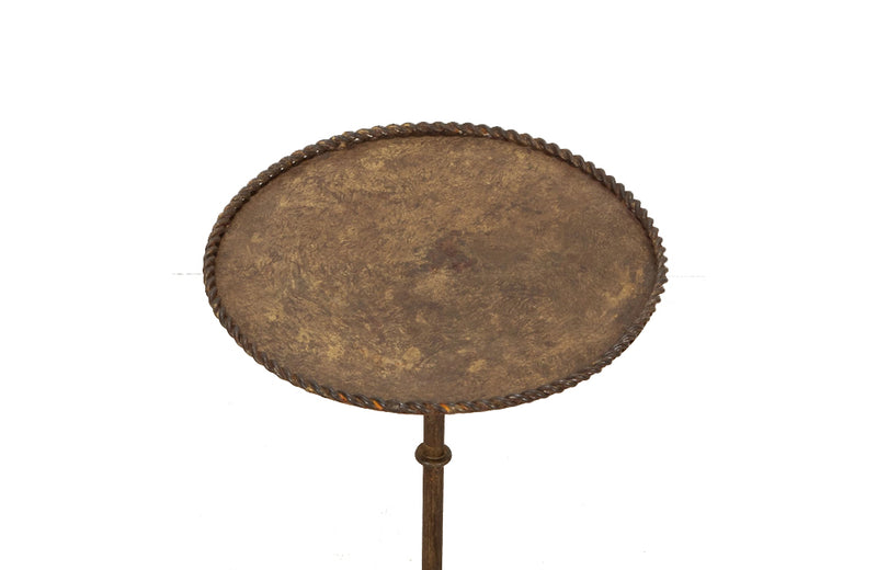 Chic little Mid-Century Spanish iron cocktail or martini table with rope rim to top