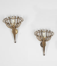 Pair of mid-20th Century Spanish gilt metal wall sconces in the form of torcheres