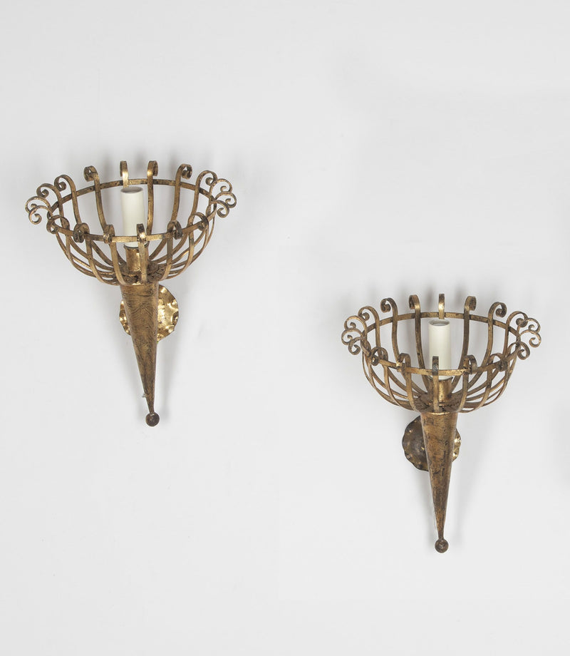 Pair of mid-20th Century Spanish gilt metal wall sconces in the form of torcheres