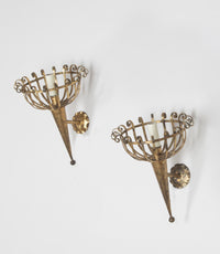 Pair of mid-20th Century Spanish gilt metal wall sconces in the form of torcheres