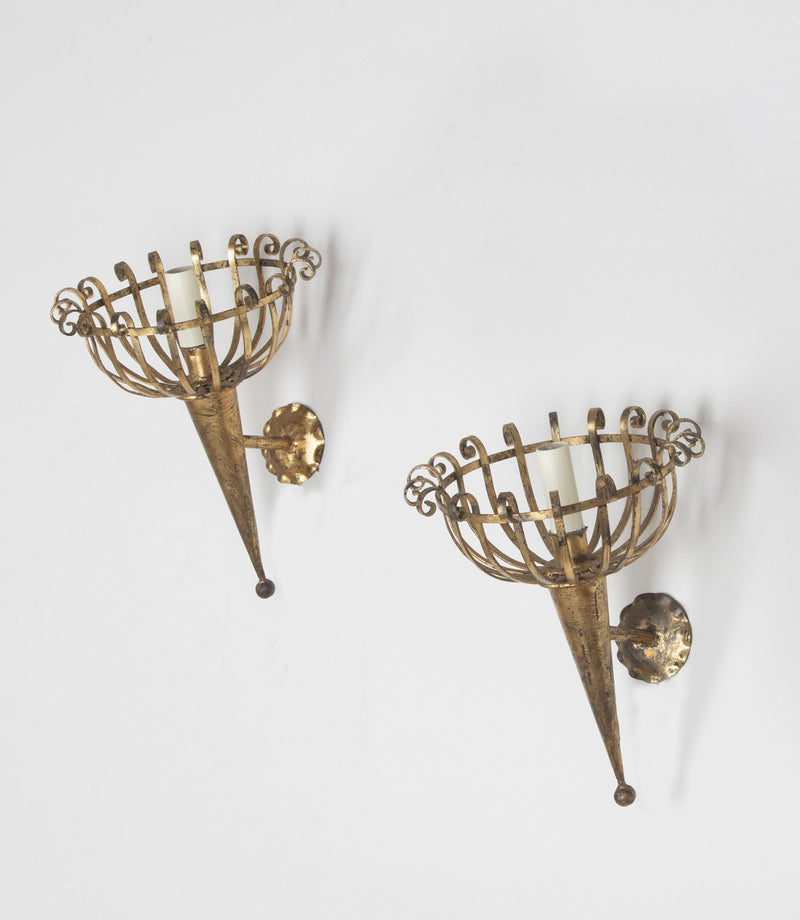 Pair of mid-20th Century Spanish gilt metal wall sconces in the form of torcheres