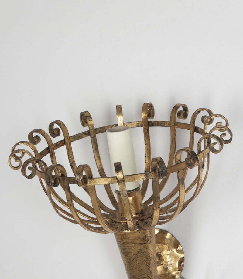 Pair of mid-20th Century Spanish gilt metal wall sconces in the form of torcheres