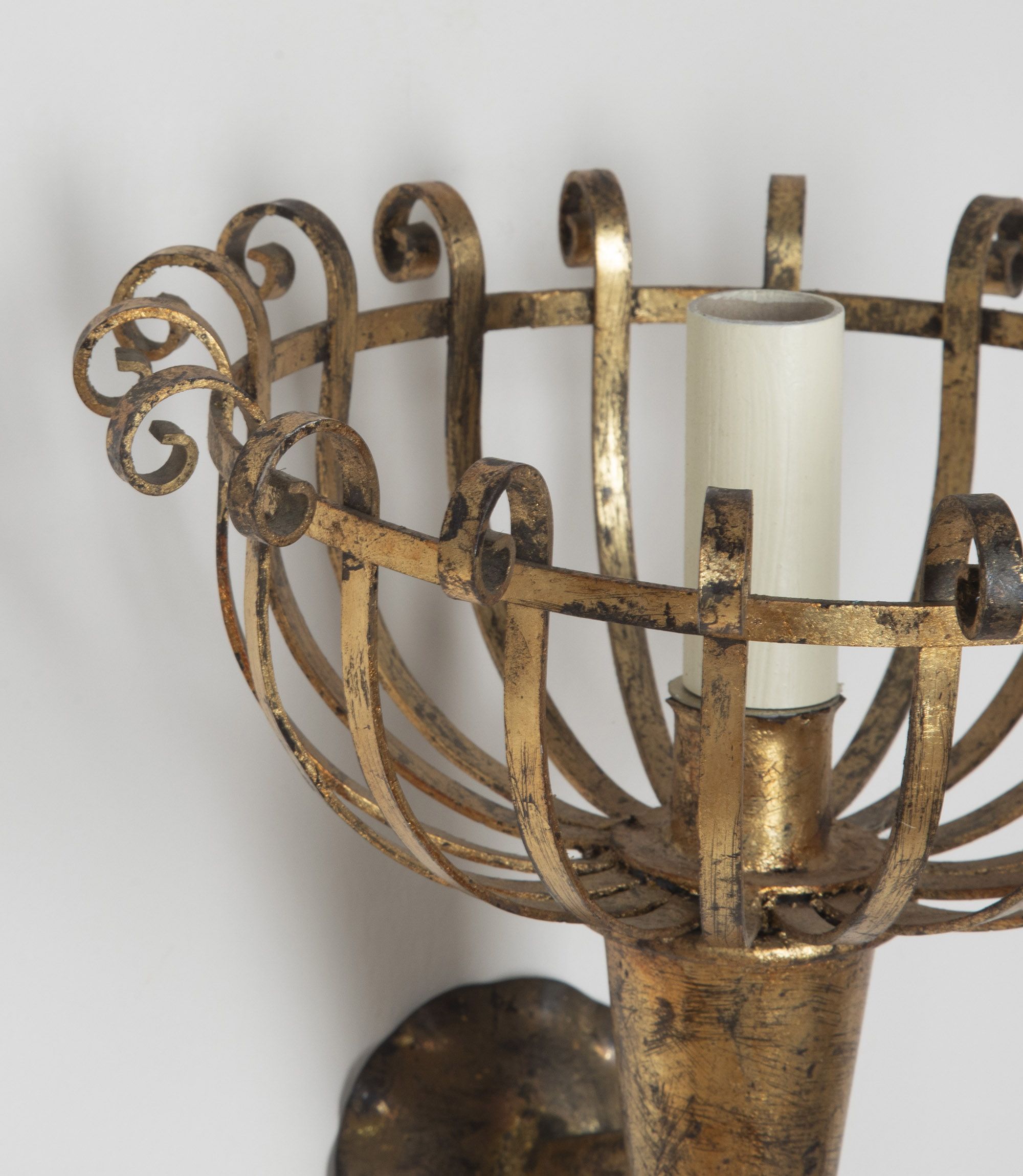 Pair of mid-20th Century Spanish gilt metal wall sconces in the form of torcheres