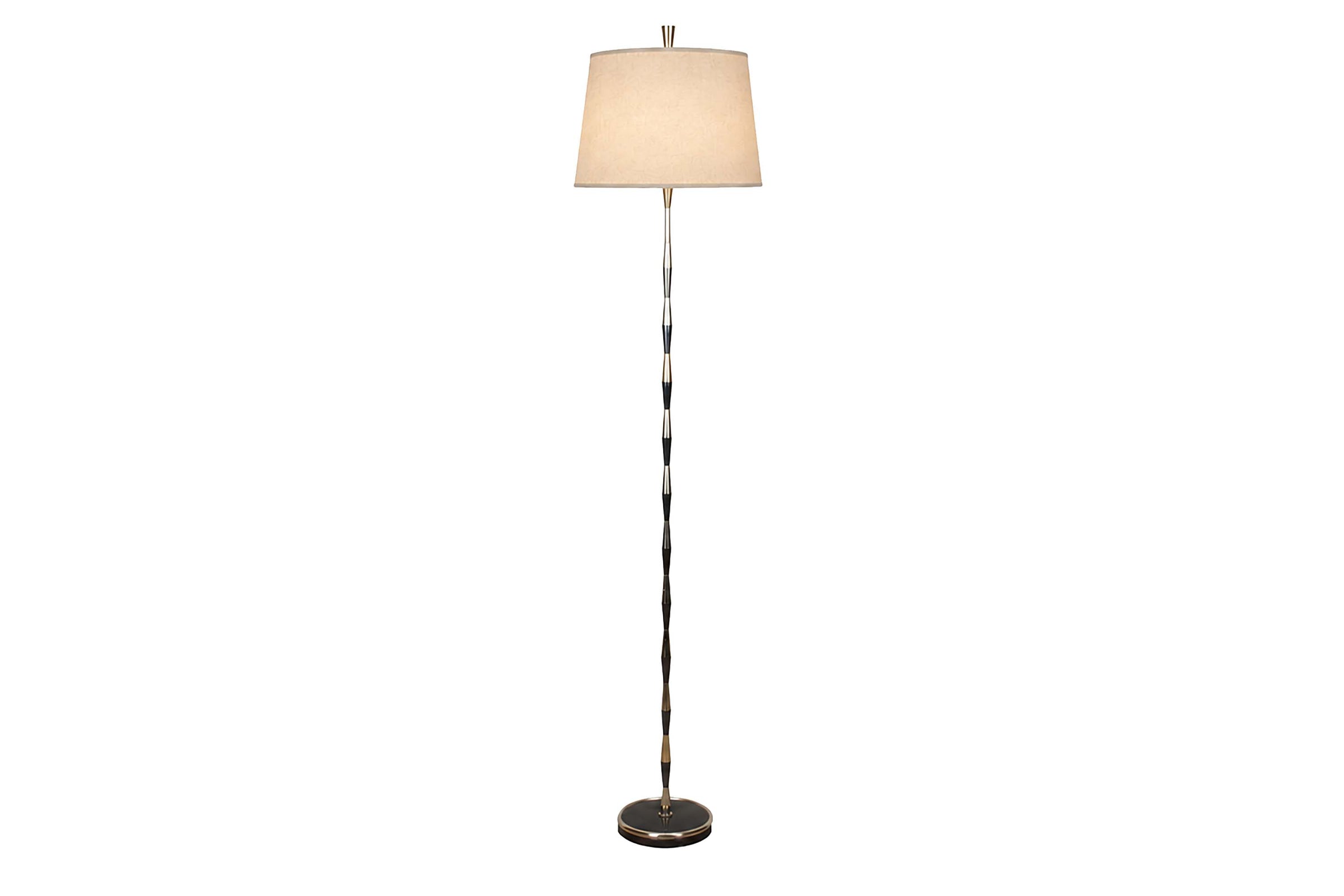 Mid-20th Century floor lamp with gunmetal and brass striped finish. French.