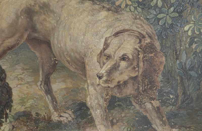 Beautiful, framed 18th century oil on canvas tapestry cartoon painting of a hound by a stone fountain in a country landscape