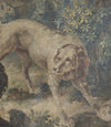 Beautiful, framed 18th century oil on canvas tapestry cartoon painting of a hound by a stone fountain in a country landscape