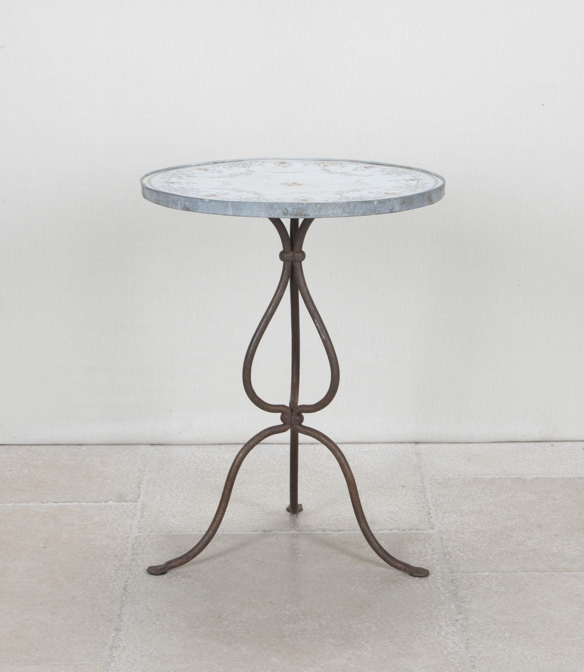 Rare 1920s French enamel top gueridon or tripod table with wrought iron base