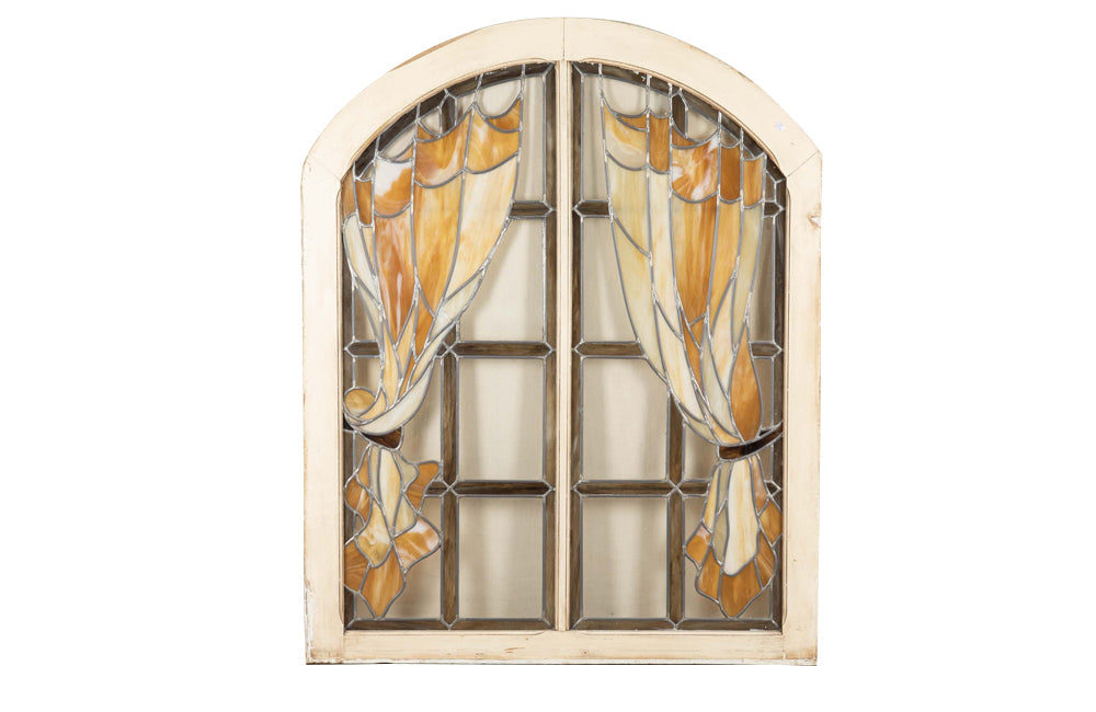 20th century stained glass panel doors. Art Nouveau revival. French antiques.