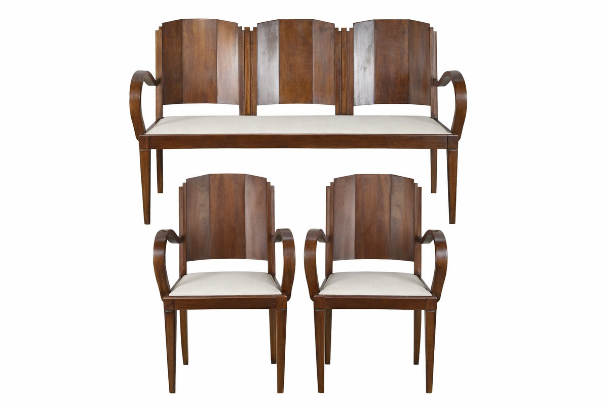 Antique armchairs and settee Art Deco salon suite, walnut. 1930. Antique chairs.