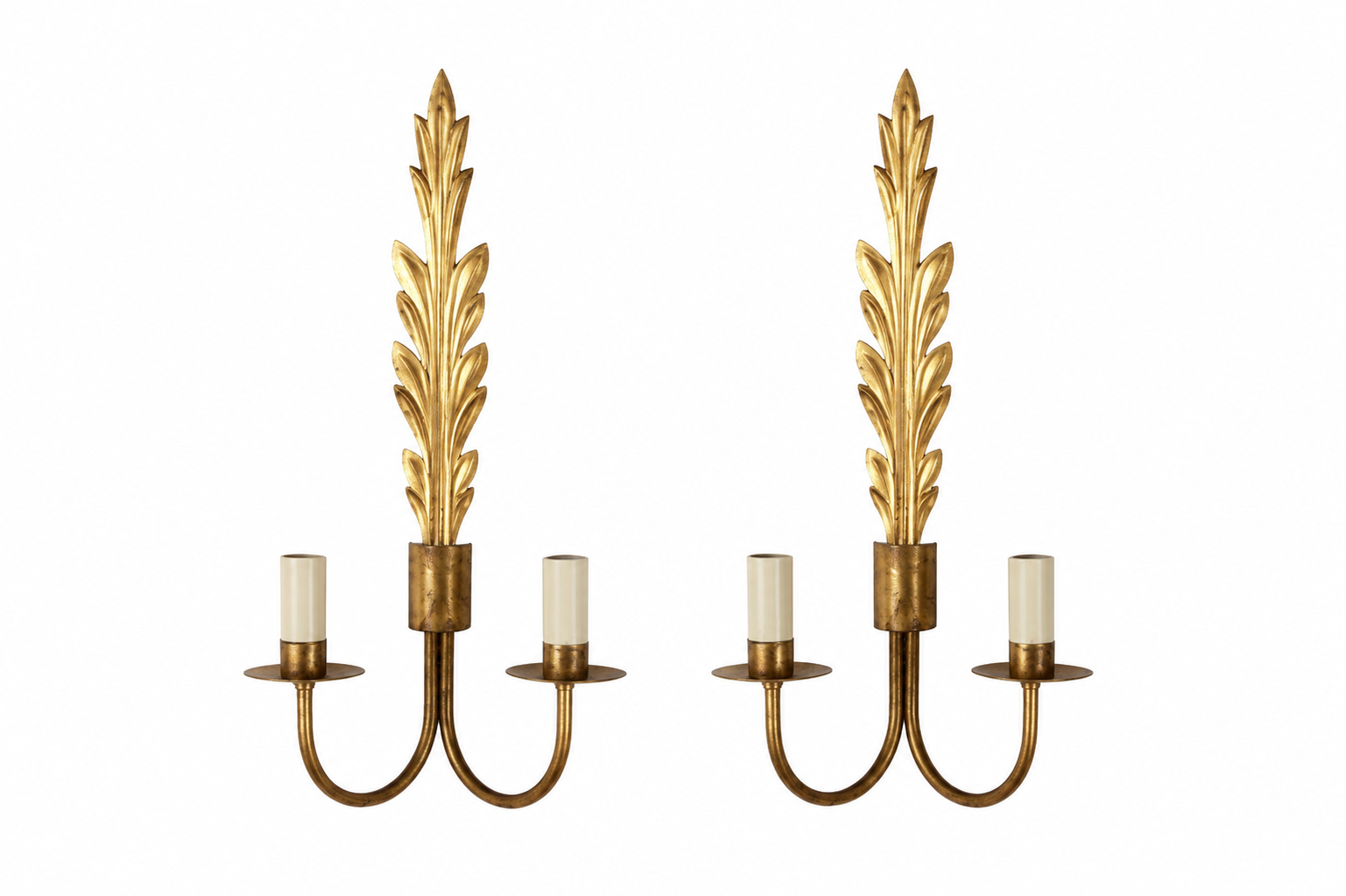 PAIR OF MID-CENTURY GILT METAL ACANTHUS LEAF WALL LIGHTS -CURRENTLY RESERVED-