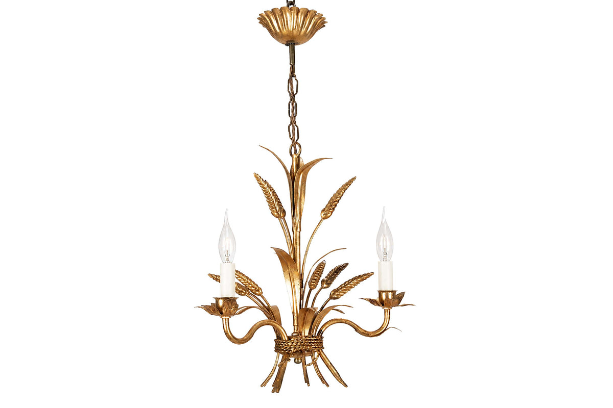Mid-20th Century French gilt metal wheat sheaf chandelier with three arms