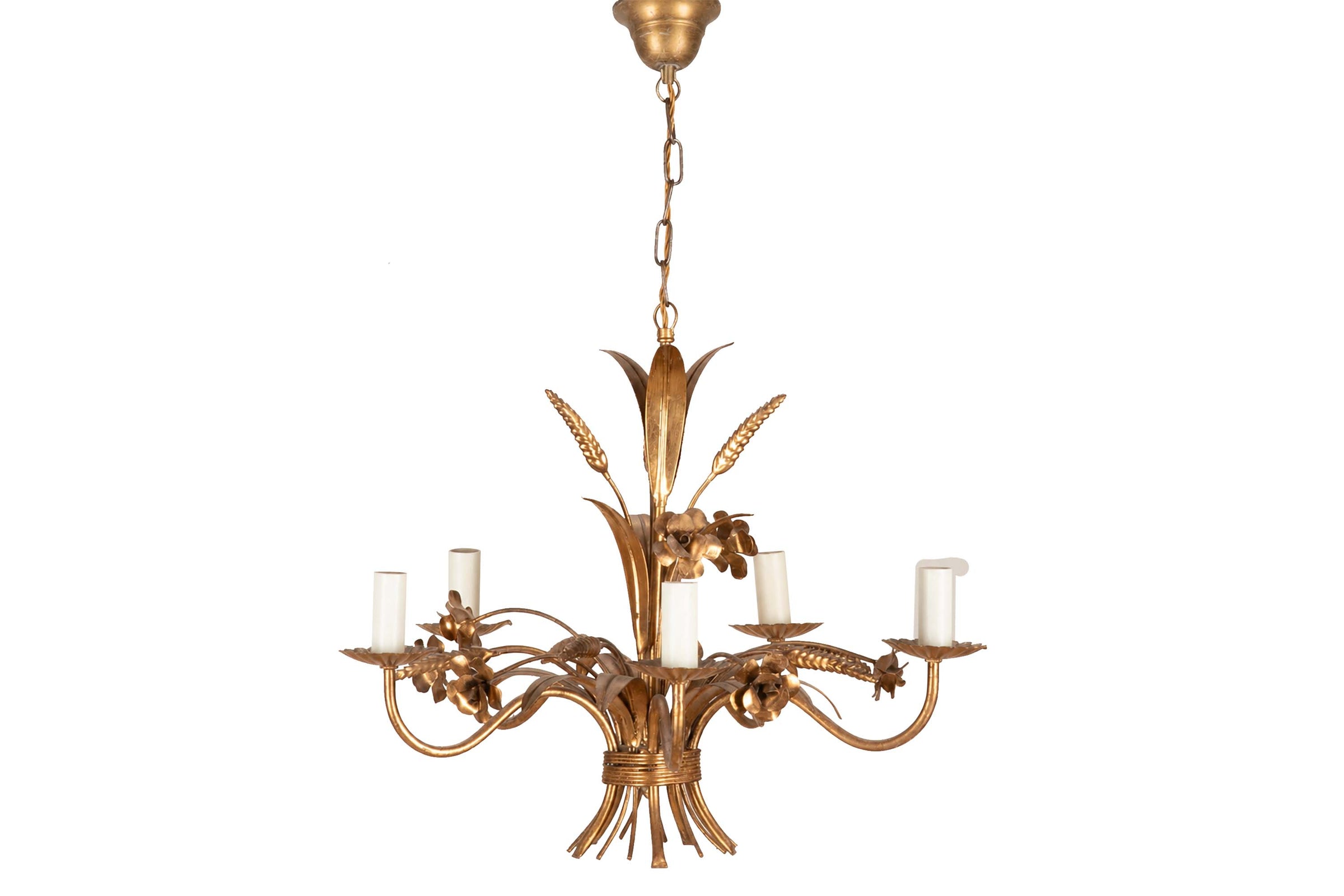 MID-CENTURY FRENCH GILT TOLE FLORAL AND WHEAT SHEAF CHANDELIER