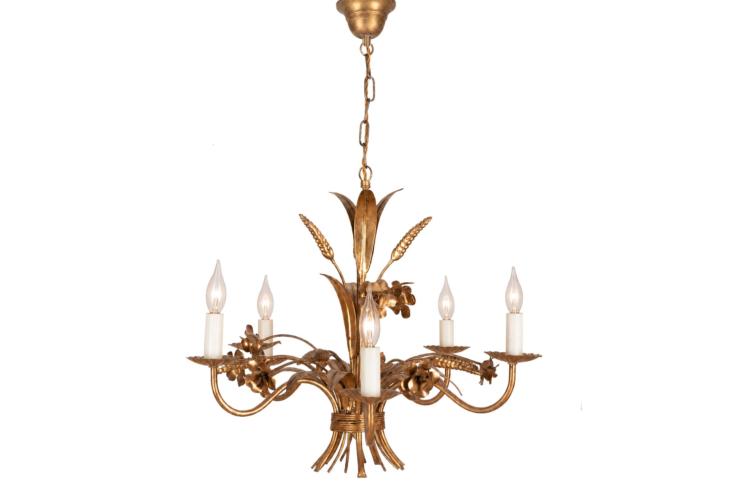 MID-CENTURY FRENCH GILT TOLE FLORAL AND WHEAT SHEAF CHANDELIER