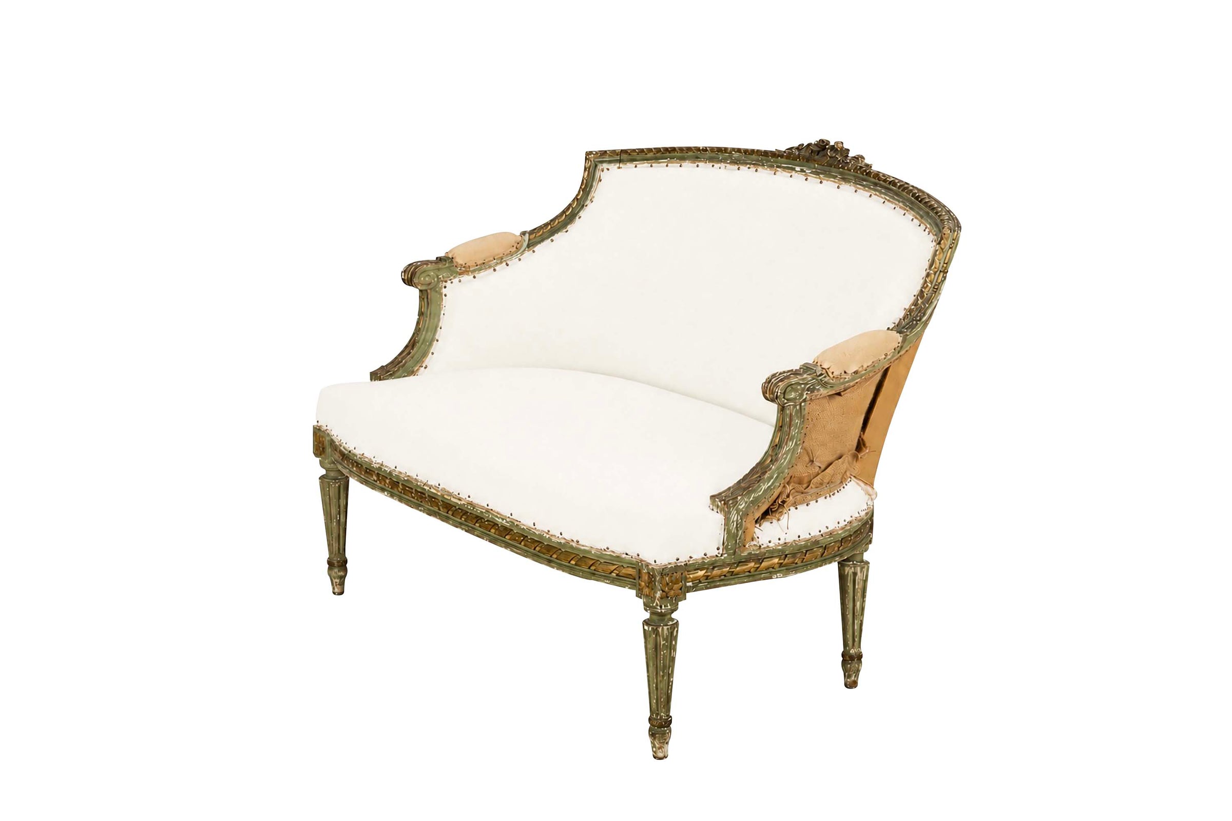 A refined petite 19th Century French sofa in the Louis XVI style.