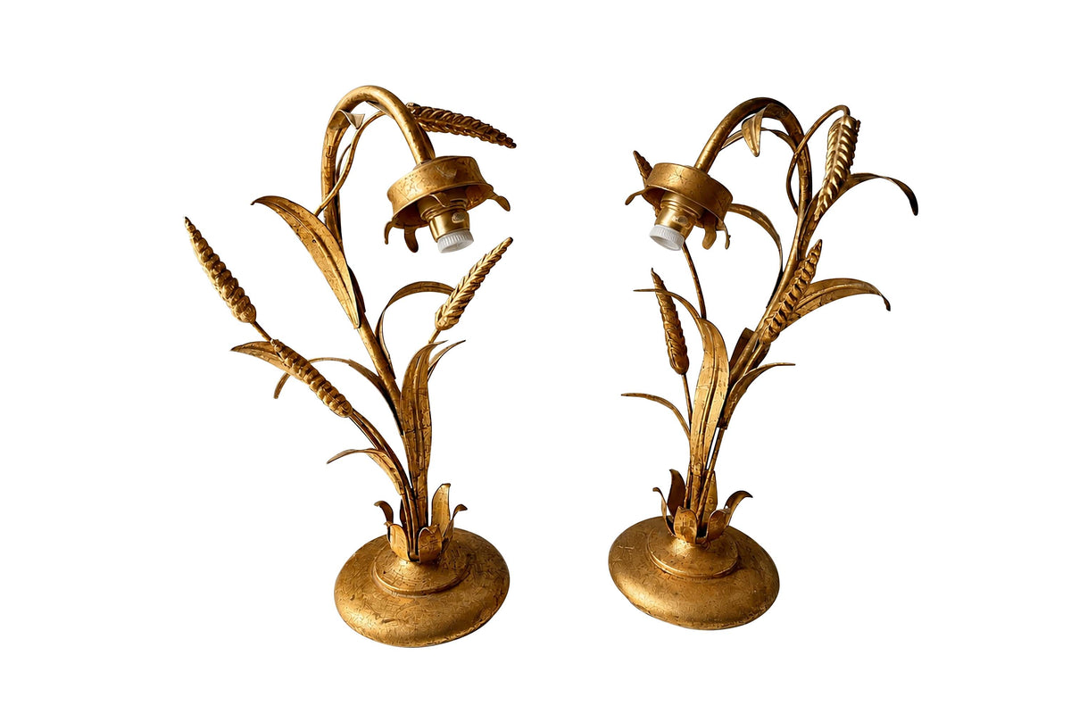 Pair of Mid-20th Century French Gilt Metal Wheat Table Lamps