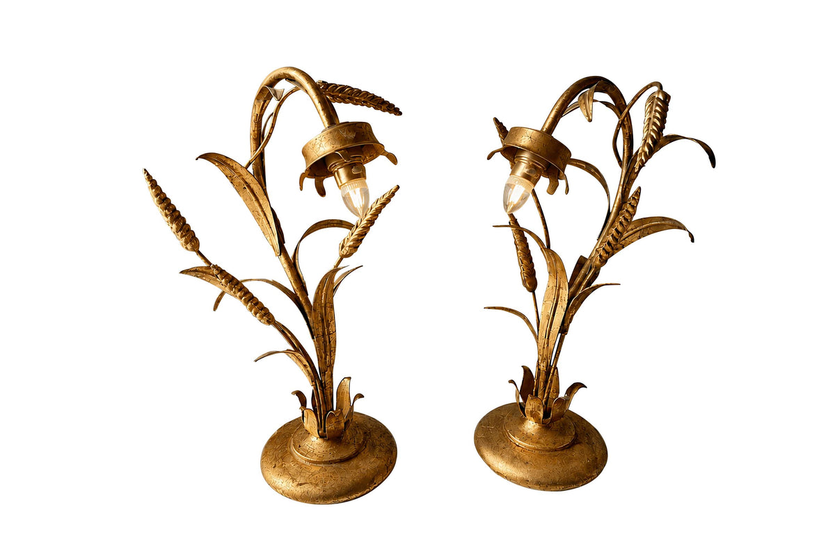 Pair of Mid-20th Century French Gilt Metal Wheat Table Lamps