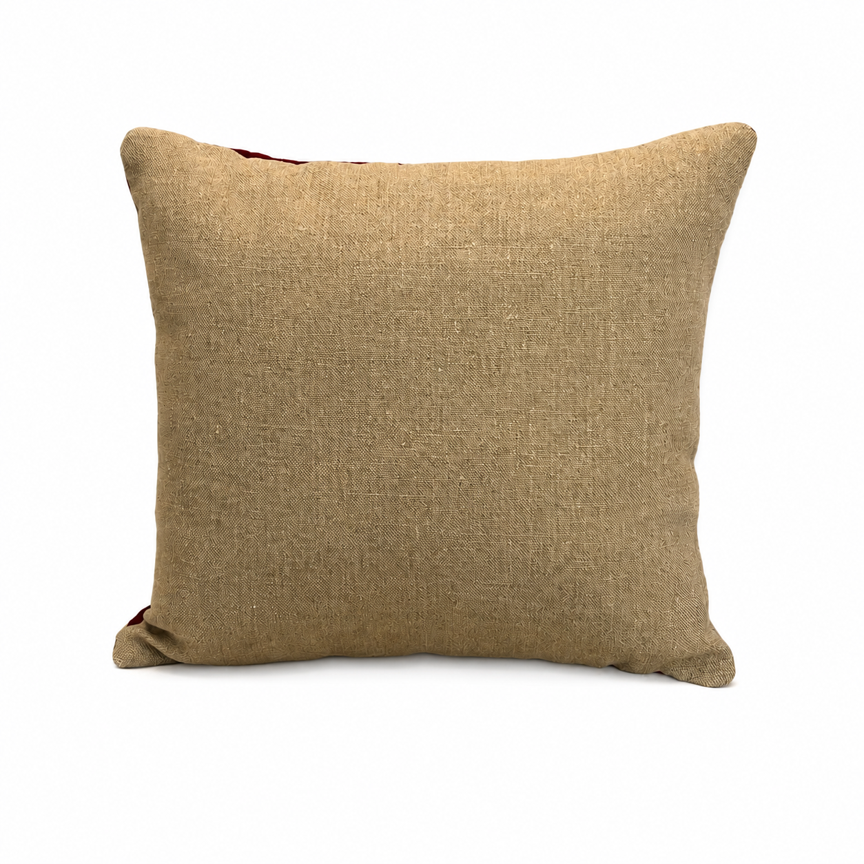 19th Century French needlepoint pillow featuring a classic floral wreath medallion on a deep burgundy ground.