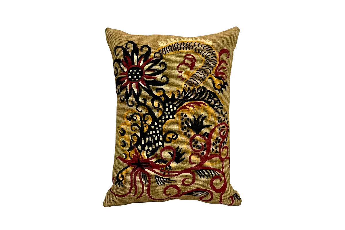 Mid-Century French wool needlepoint cushion featuring a striking stylised dragon or phoenix in red, black, cream, and golden tones.
