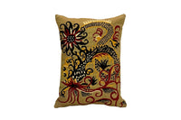 Mid-Century French wool needlepoint cushion featuring a striking stylised dragon or phoenix in red, black, cream, and golden tones.