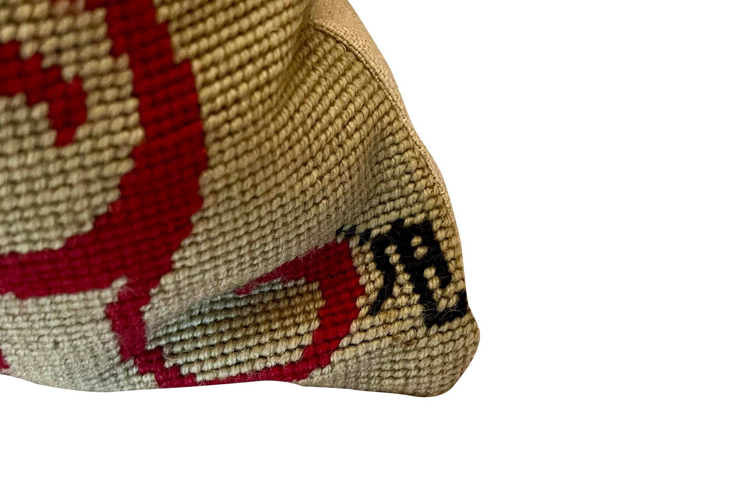 Mid-Century French wool needlepoint cushion featuring a striking stylised dragon or phoenix in red, black, cream, and golden tones.