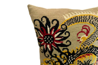 Mid-Century French wool needlepoint cushion featuring a striking stylised dragon or phoenix in red, black, cream, and golden tones.