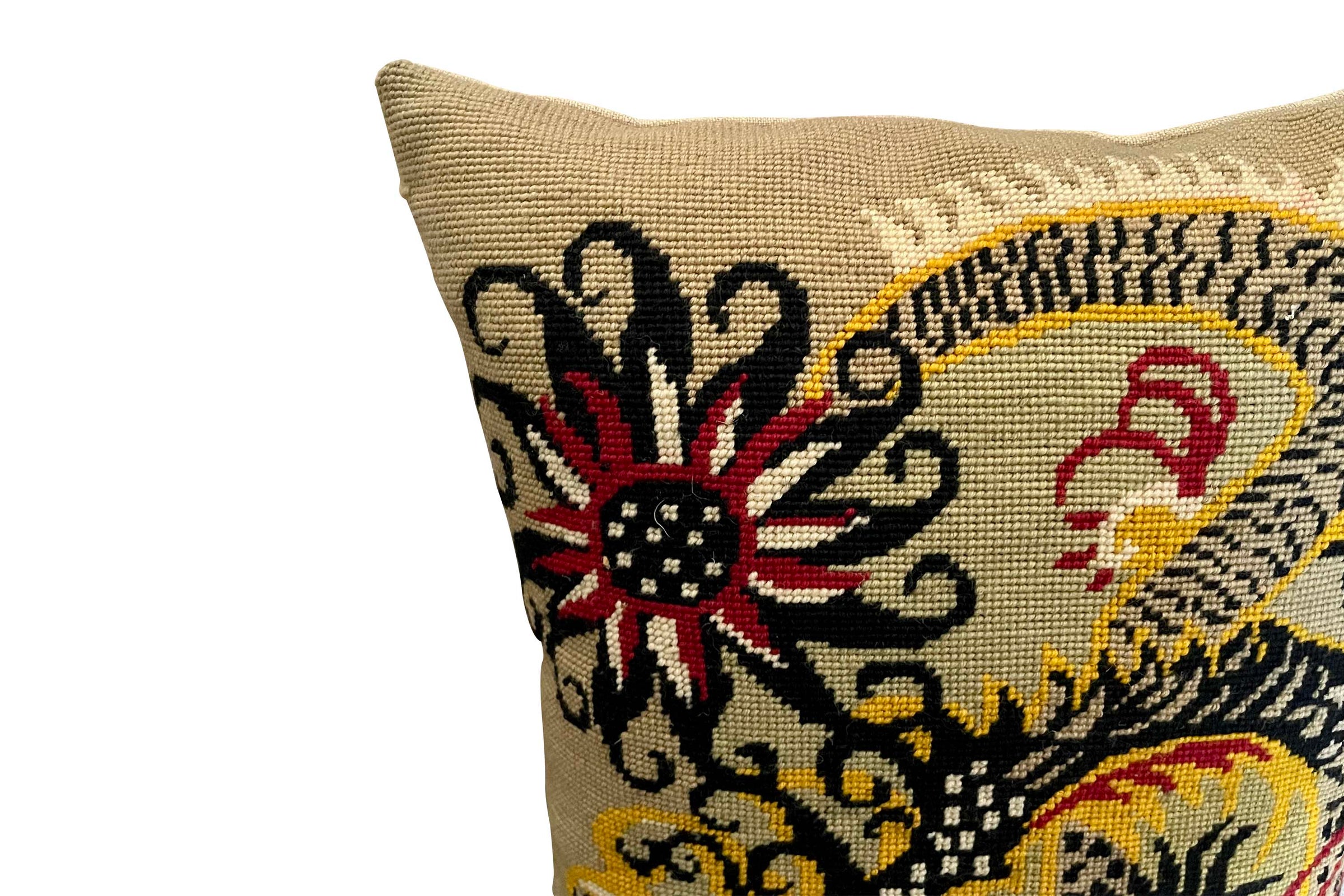 Mid-Century French wool needlepoint cushion featuring a striking stylised dragon or phoenix in red, black, cream, and golden tones.
