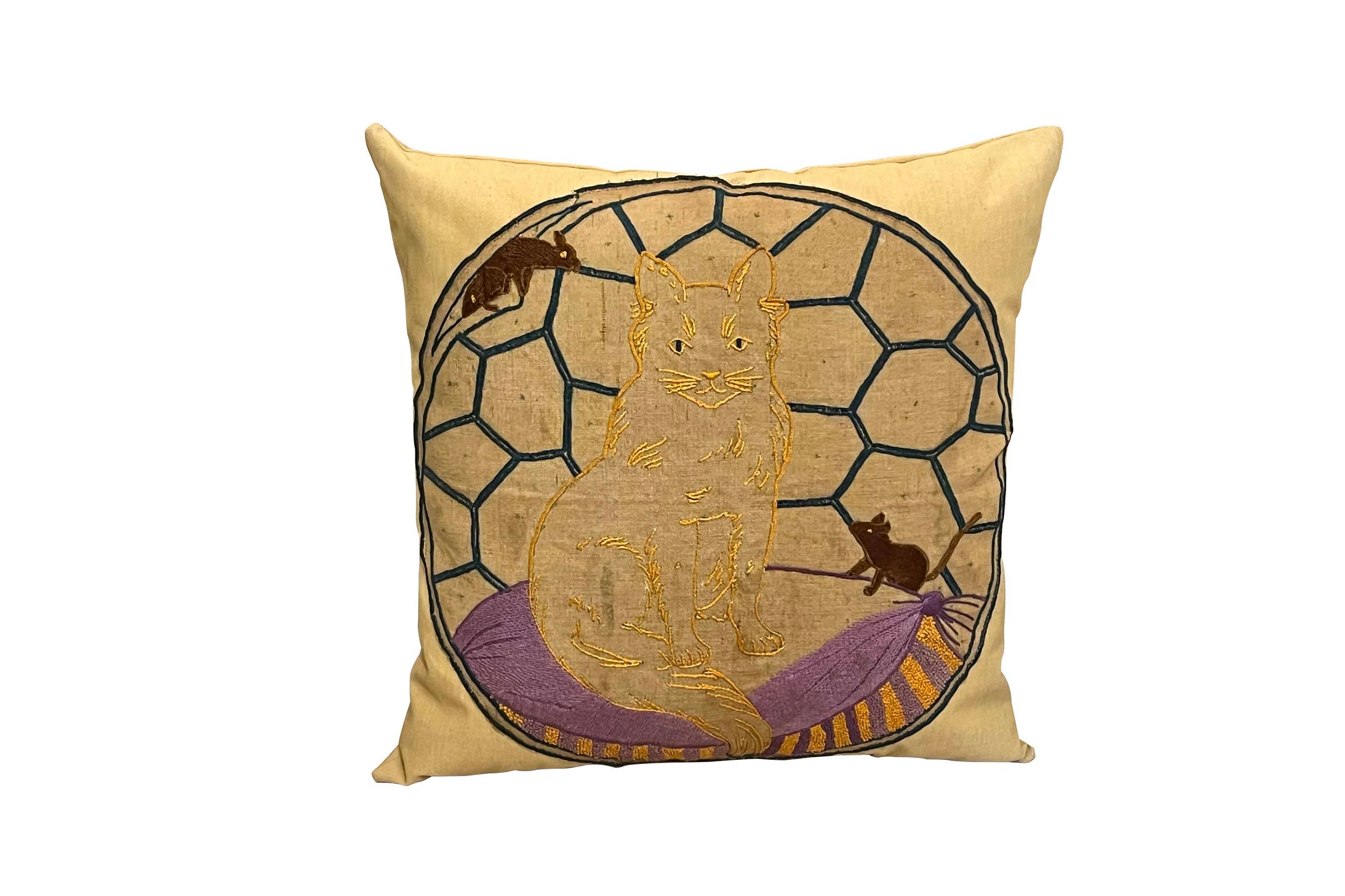 Vintage embroidered cushion with cat and mice motifs