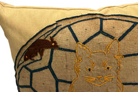 Vintage embroidered cushion with cat and mice motifs