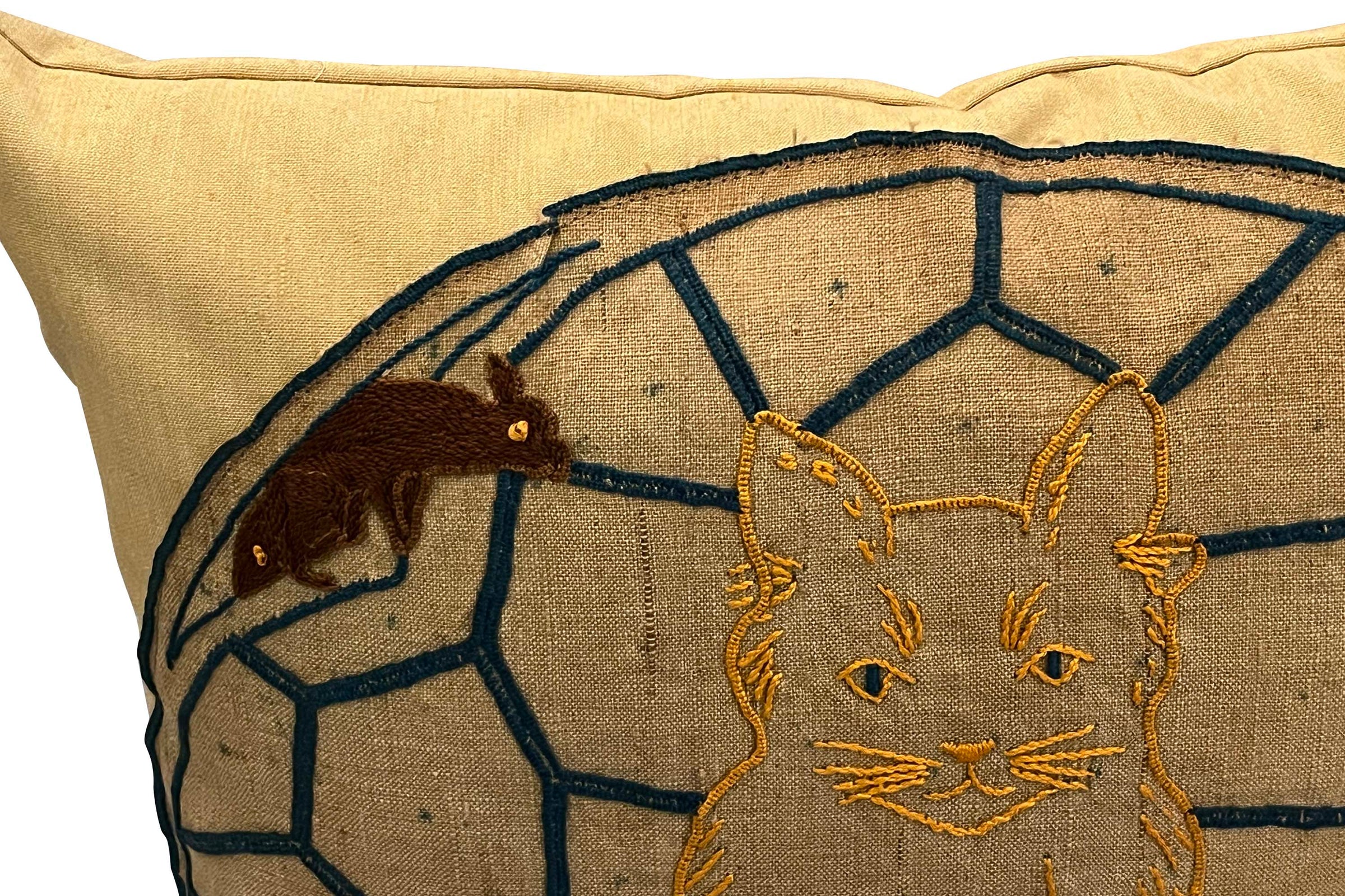 Vintage embroidered cushion with cat and mice motifs