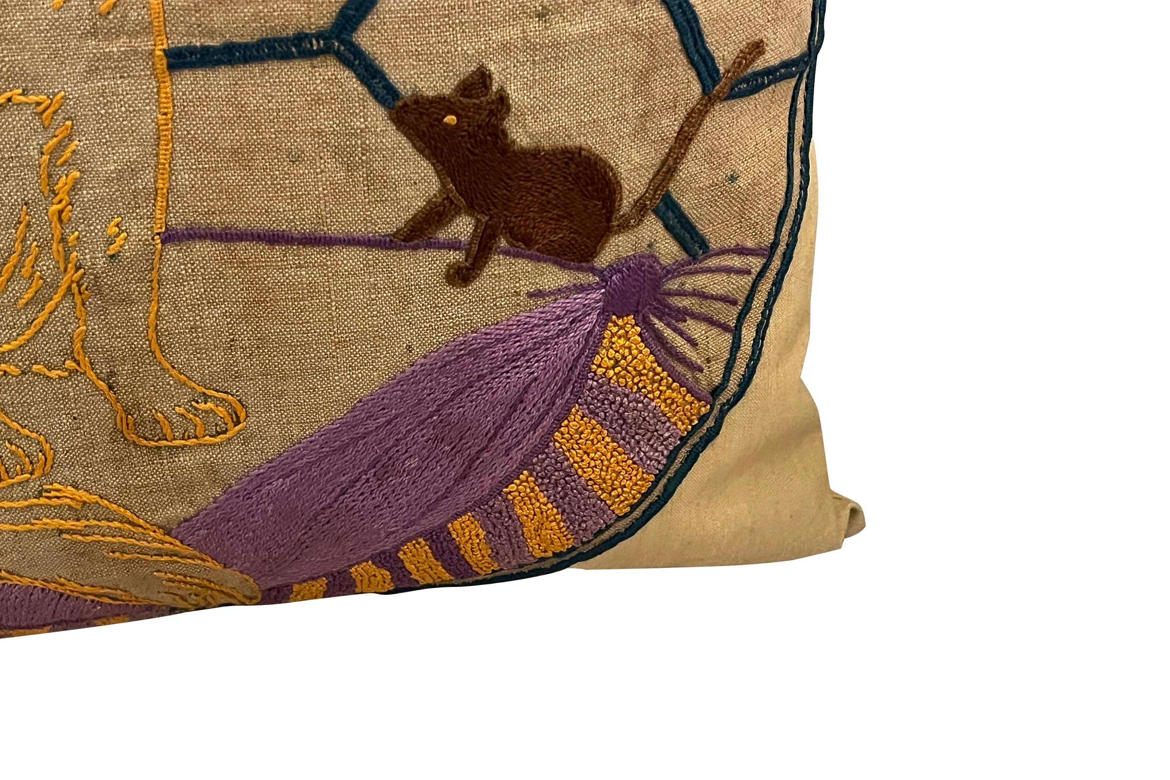Vintage embroidered cushion with cat and mice motifs