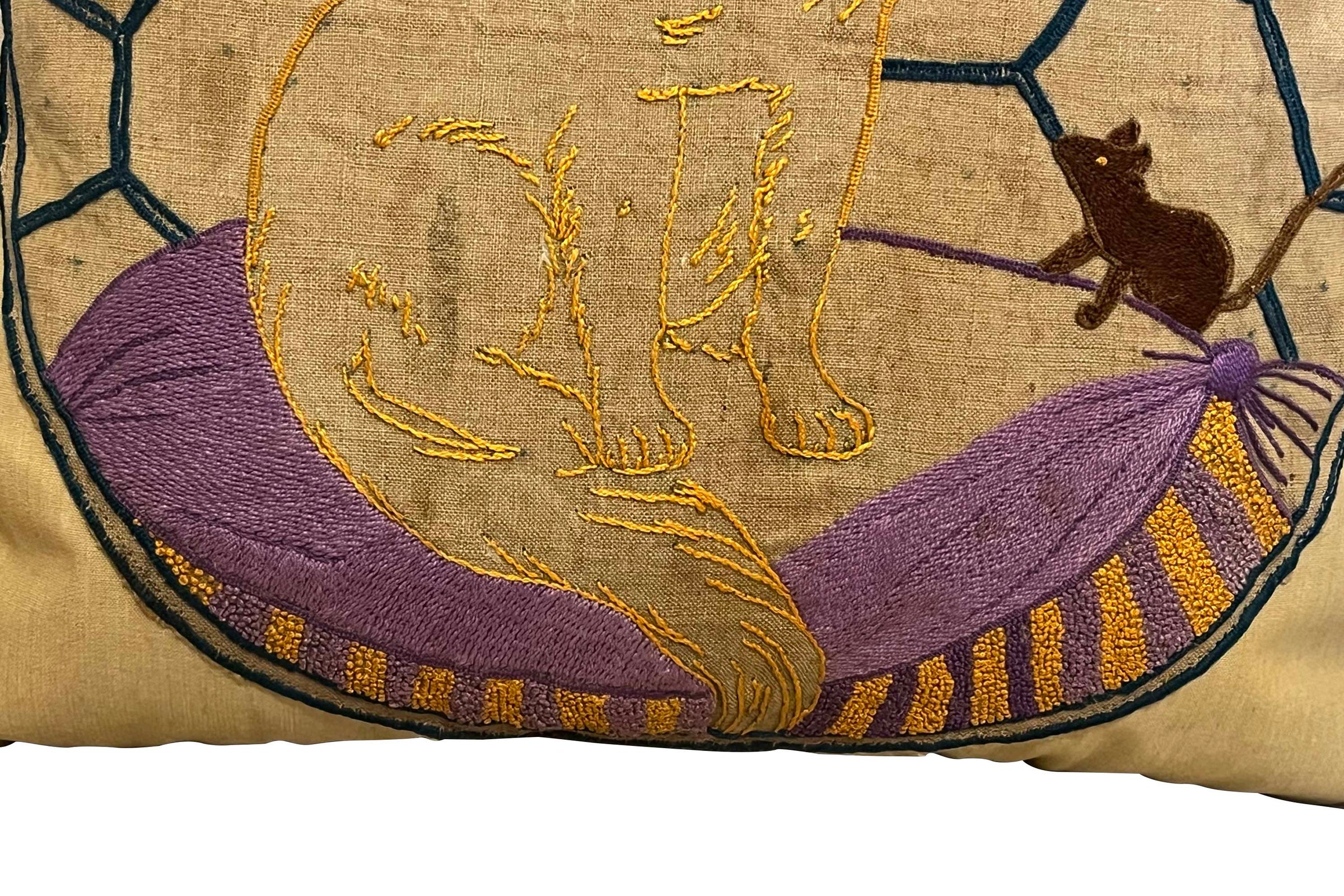 Vintage embroidered cushion with cat and mice motifs