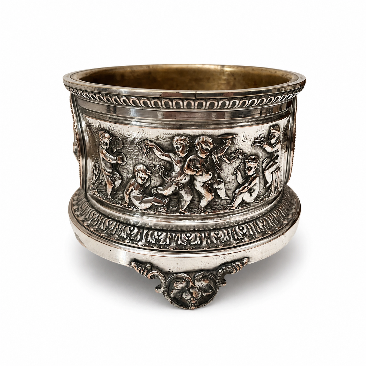 LARGE FRENCH SILVER PLATE BACCHANALIAN BOTTLE COASTER