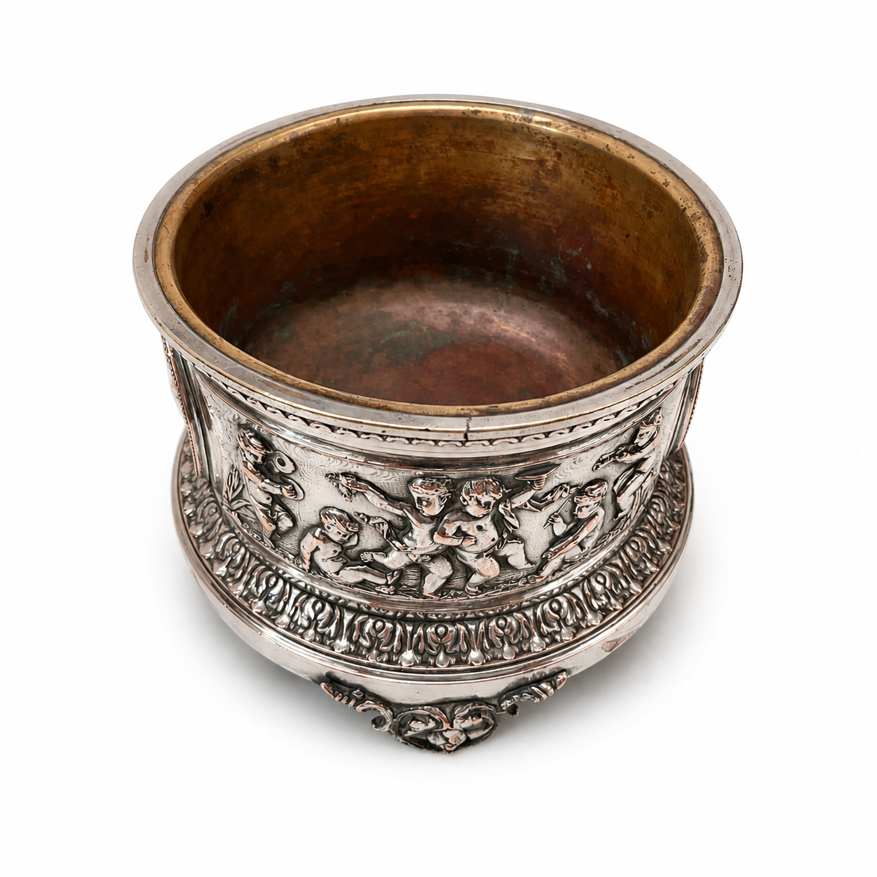 LARGE FRENCH SILVER PLATE BACCHANALIAN BOTTLE COASTER