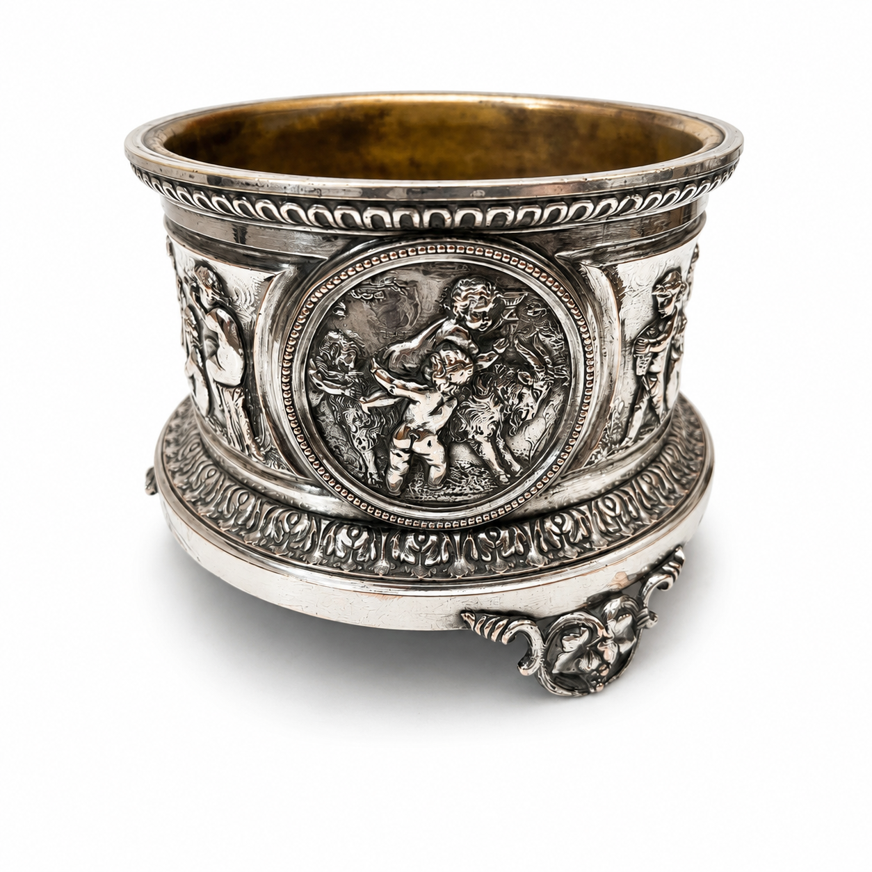 LARGE FRENCH SILVER PLATE BACCHANALIAN BOTTLE COASTER