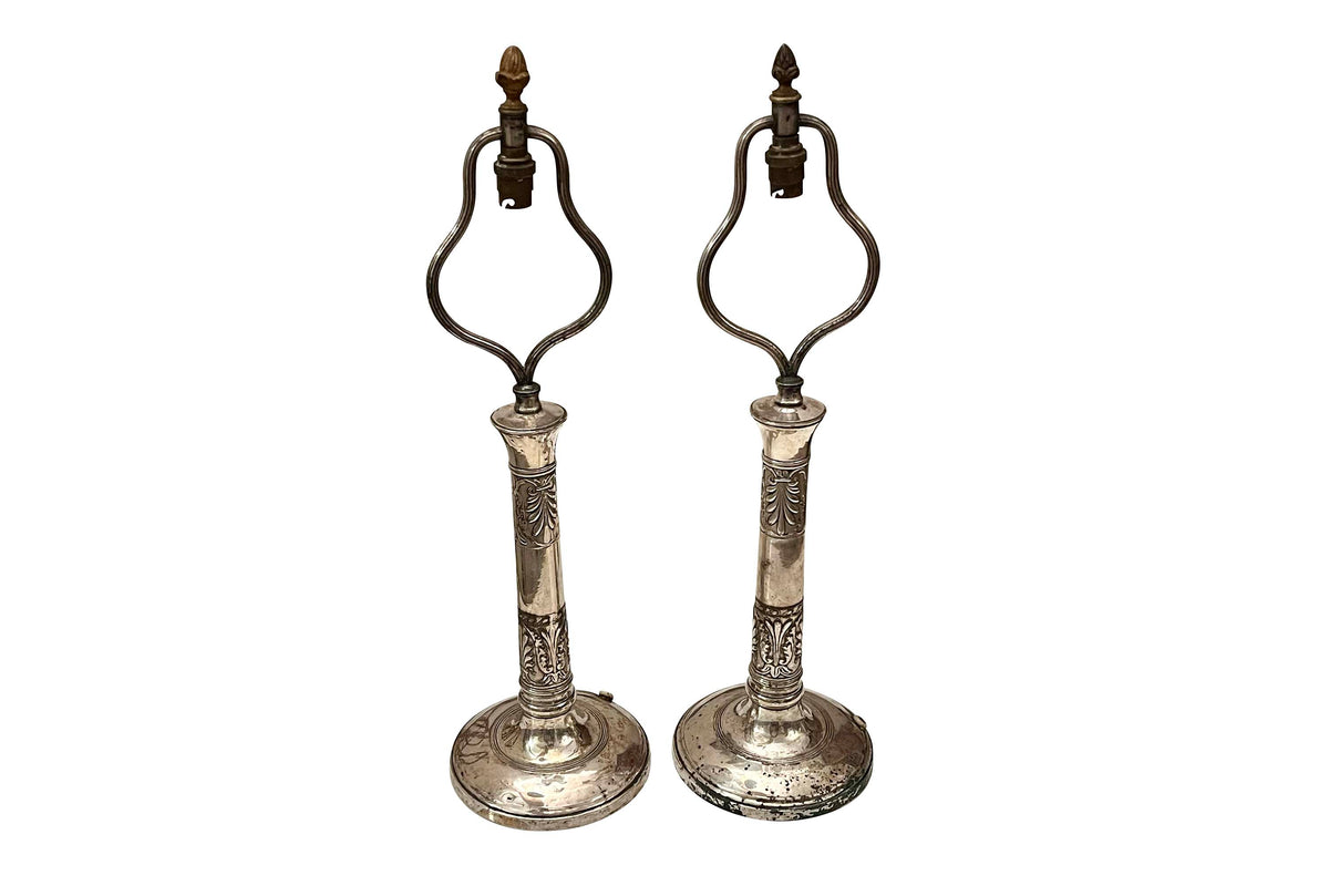 Pair of 20th Century French Empire Revival Silver Plated Table Lamps