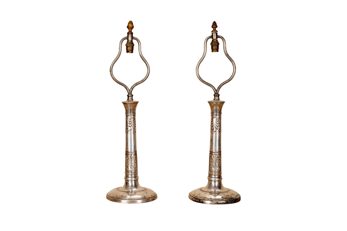 Pair of 20th Century French Empire Revival Silver Plated Table Lamps