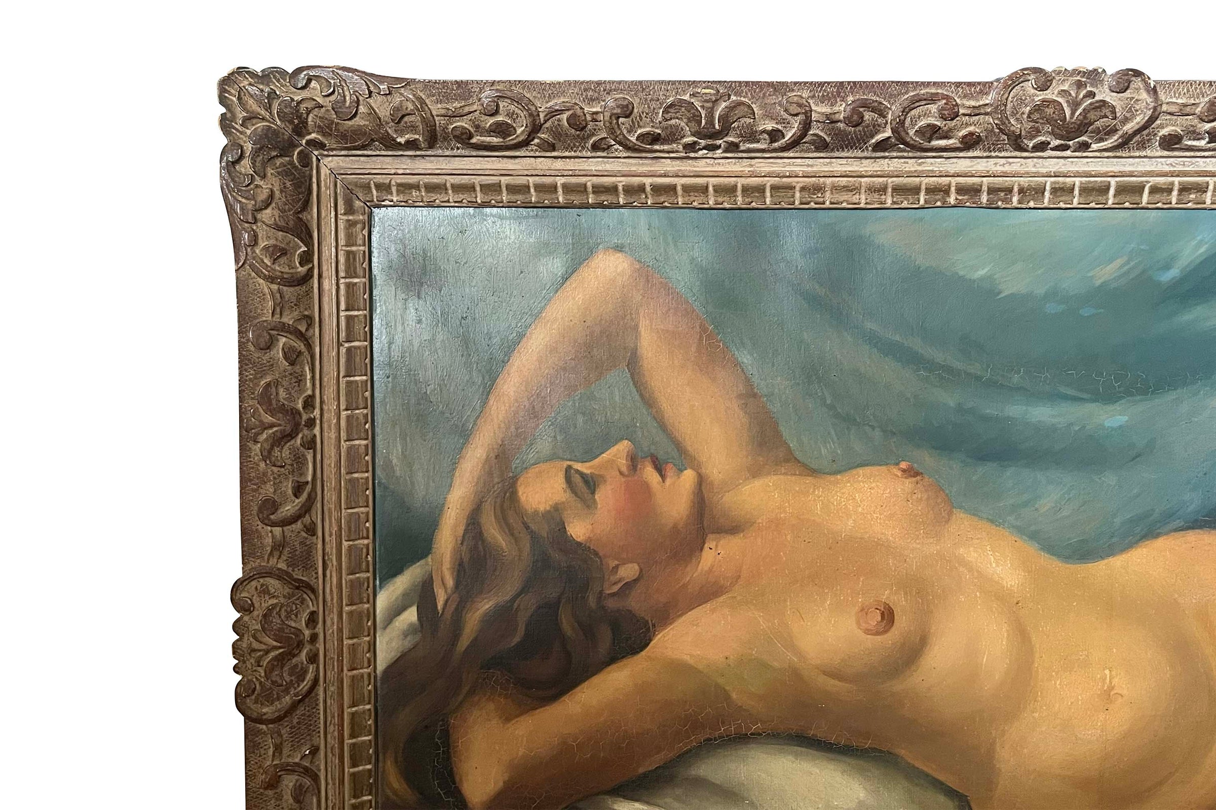 Large 20th Century French School Montparnasse reclining nude painting, signed G. Besancenot and dated 1932.