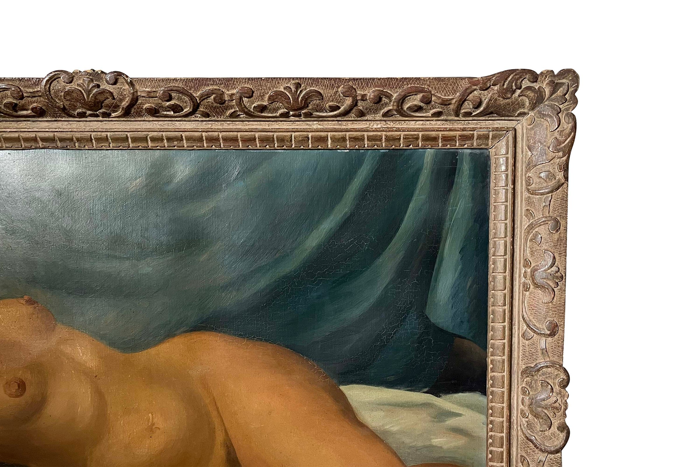 Large 20th Century French School Montparnasse reclining nude painting, signed G. Besancenot and dated 1932.
