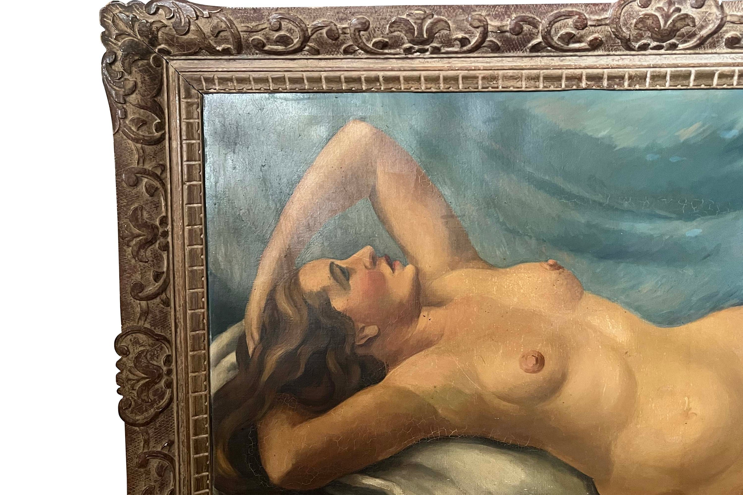 Large 20th Century French School Montparnasse reclining nude painting, signed G. Besancenot and dated 1932.