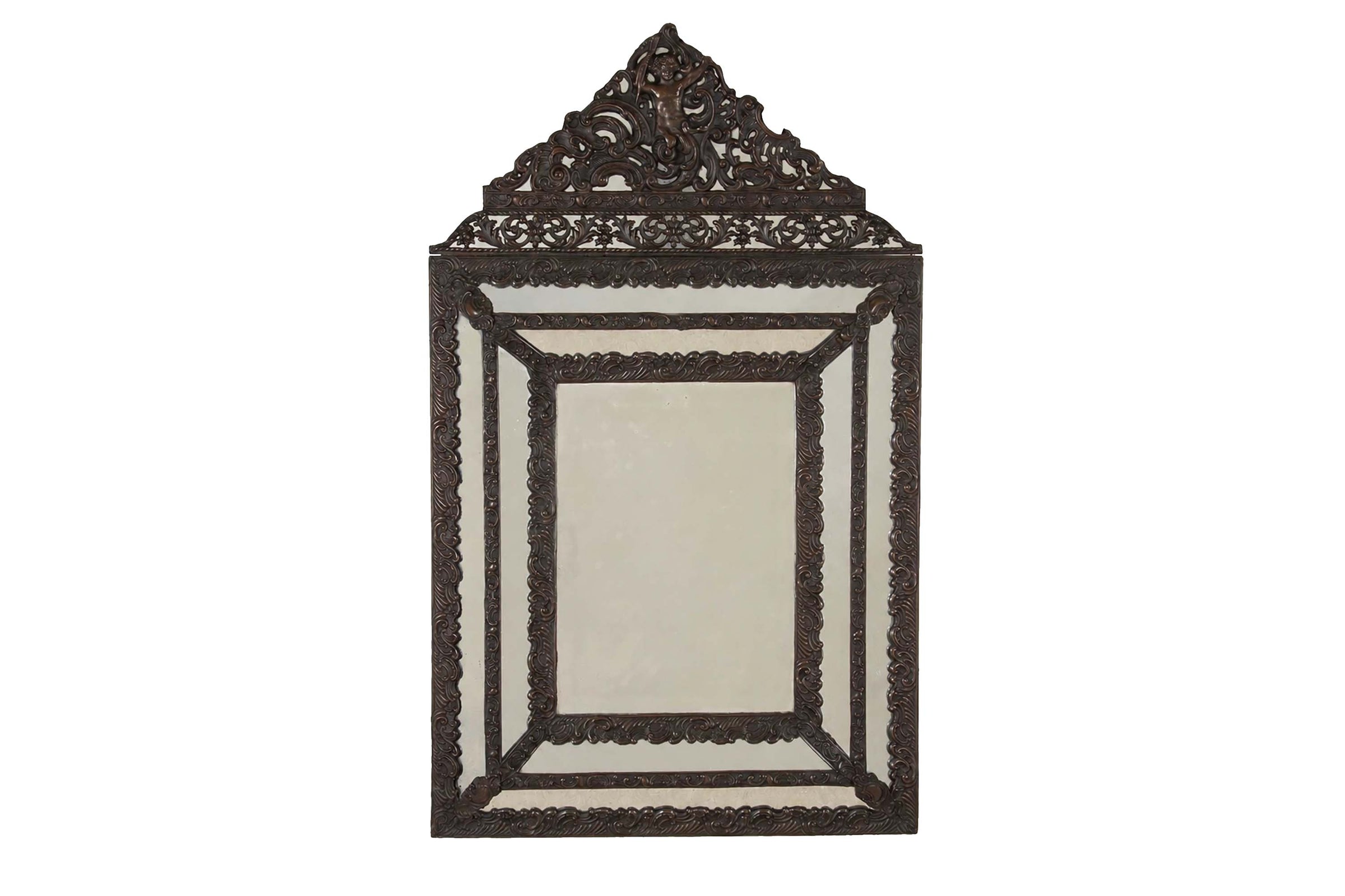 Early 20th Century French Repoussé Brass Cushion Mirror with Cupid Crest