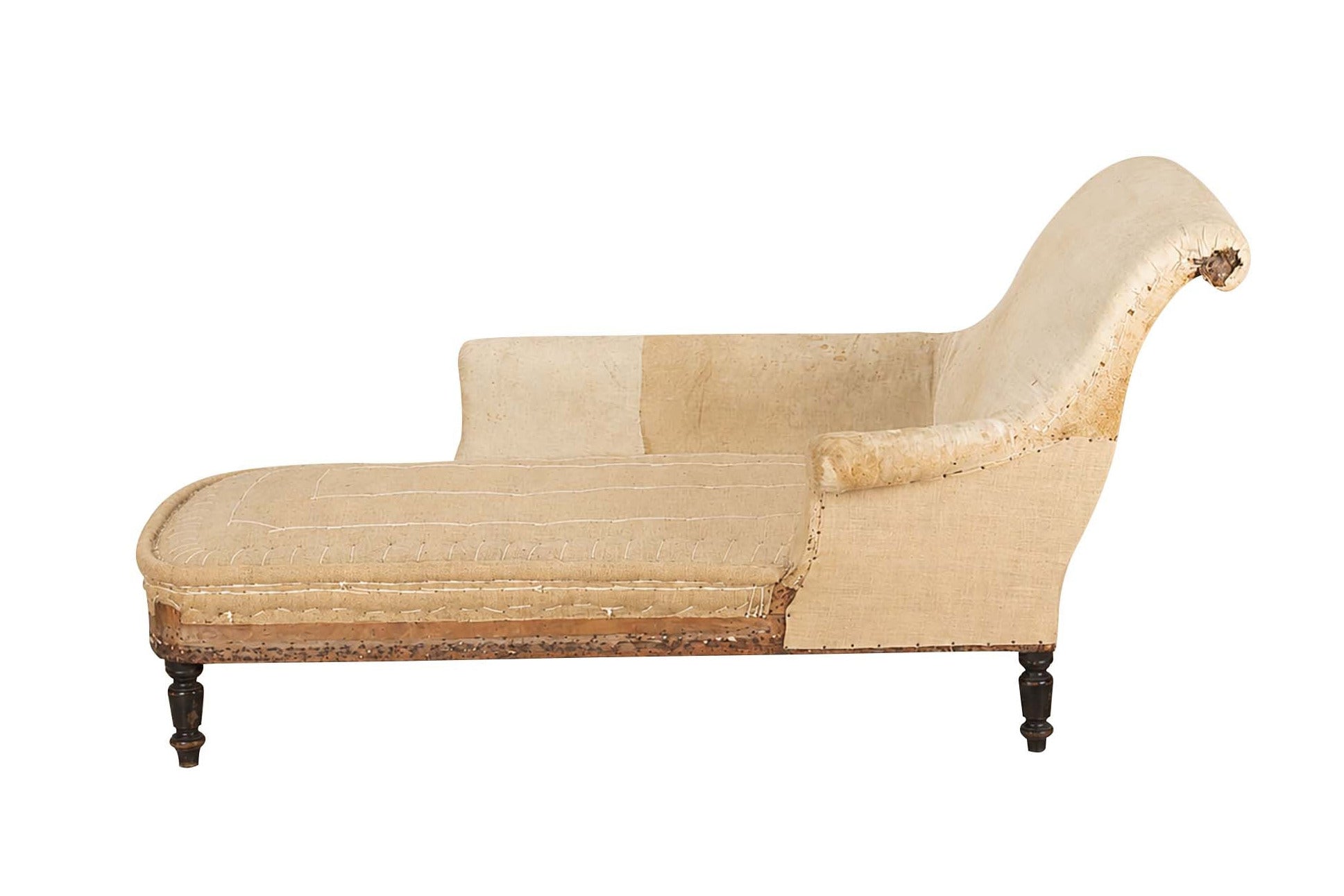 Large 19th century French méridienne or daybed with elegant scrolled ends and turned ebonised legs.