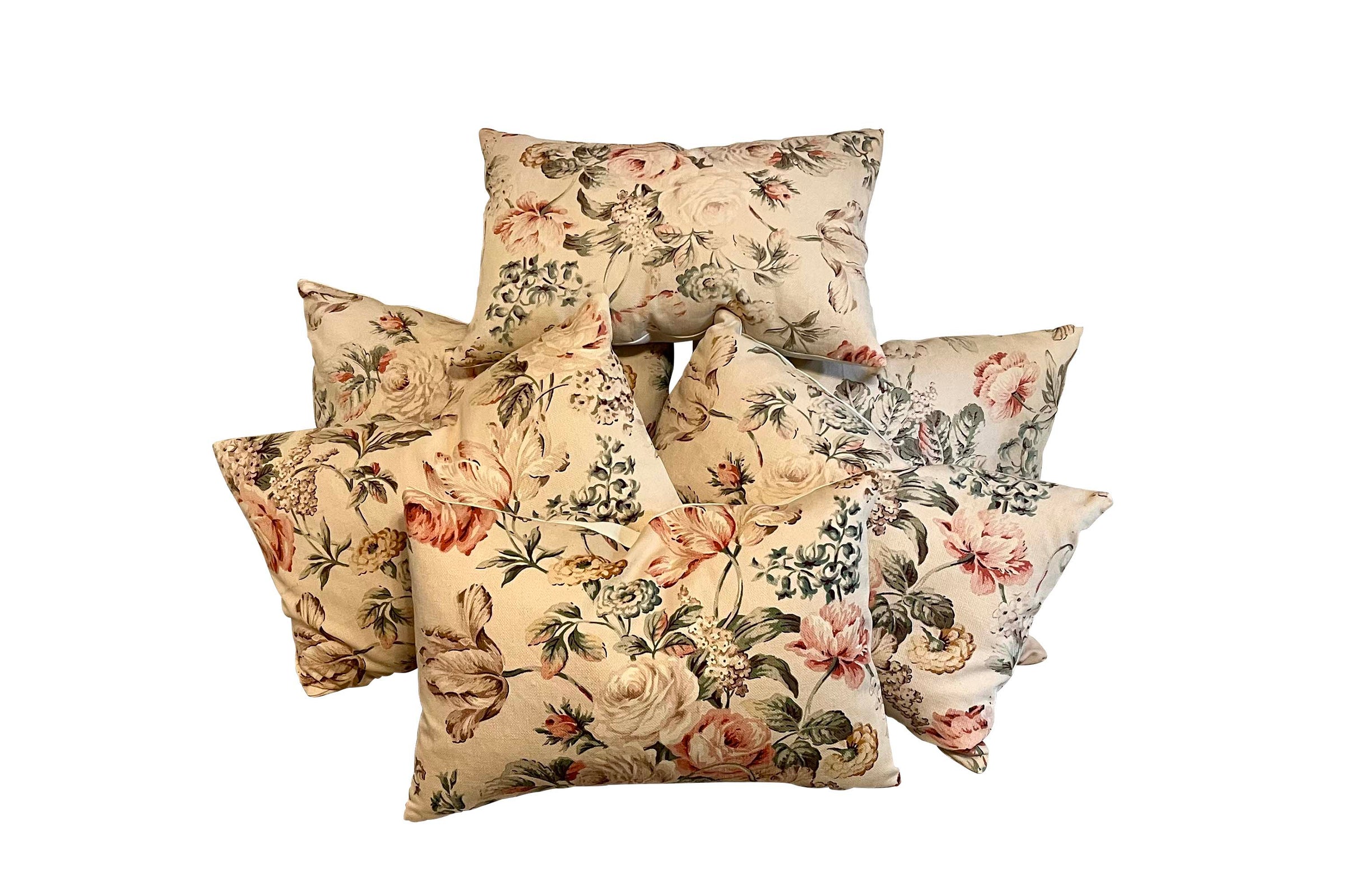 Set of Six Mid-Century French Floral Cretonne Feather Cushions