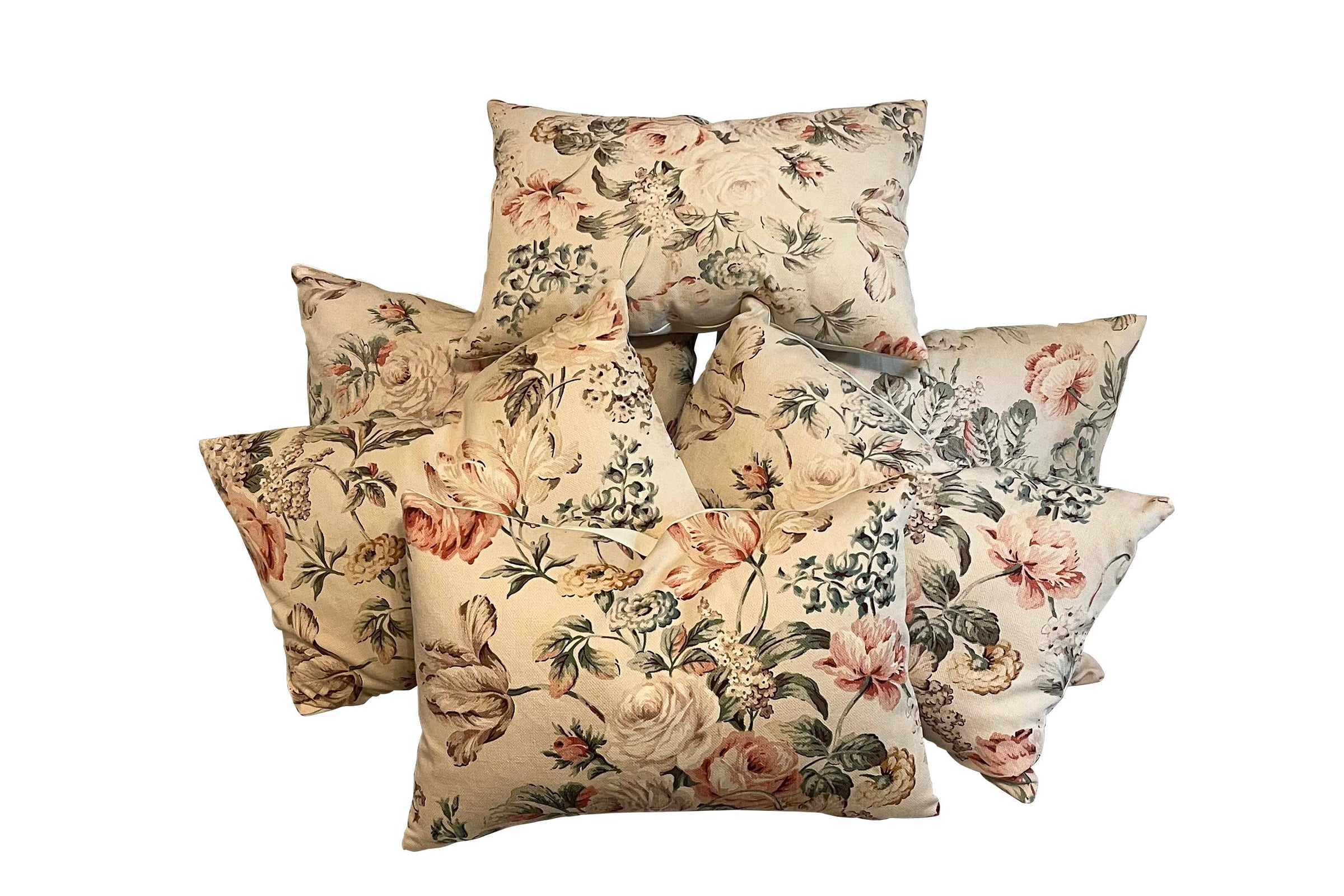 Set of Six Mid-Century French Floral Cretonne Feather Cushions