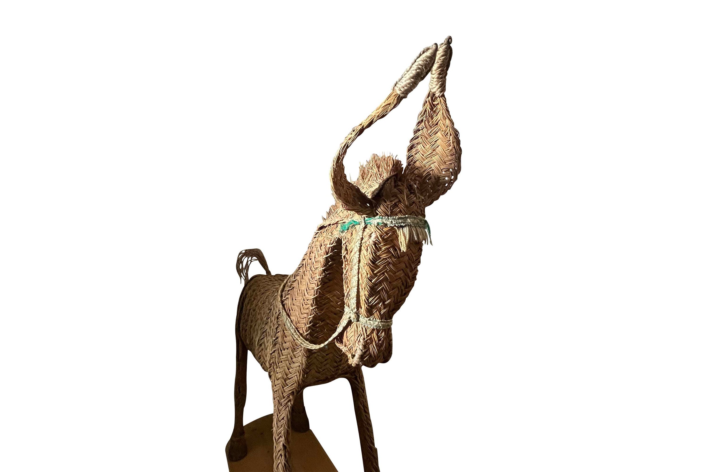 Large Mid-Century Spanish Woven Straw Donkey on Wooden Plinth